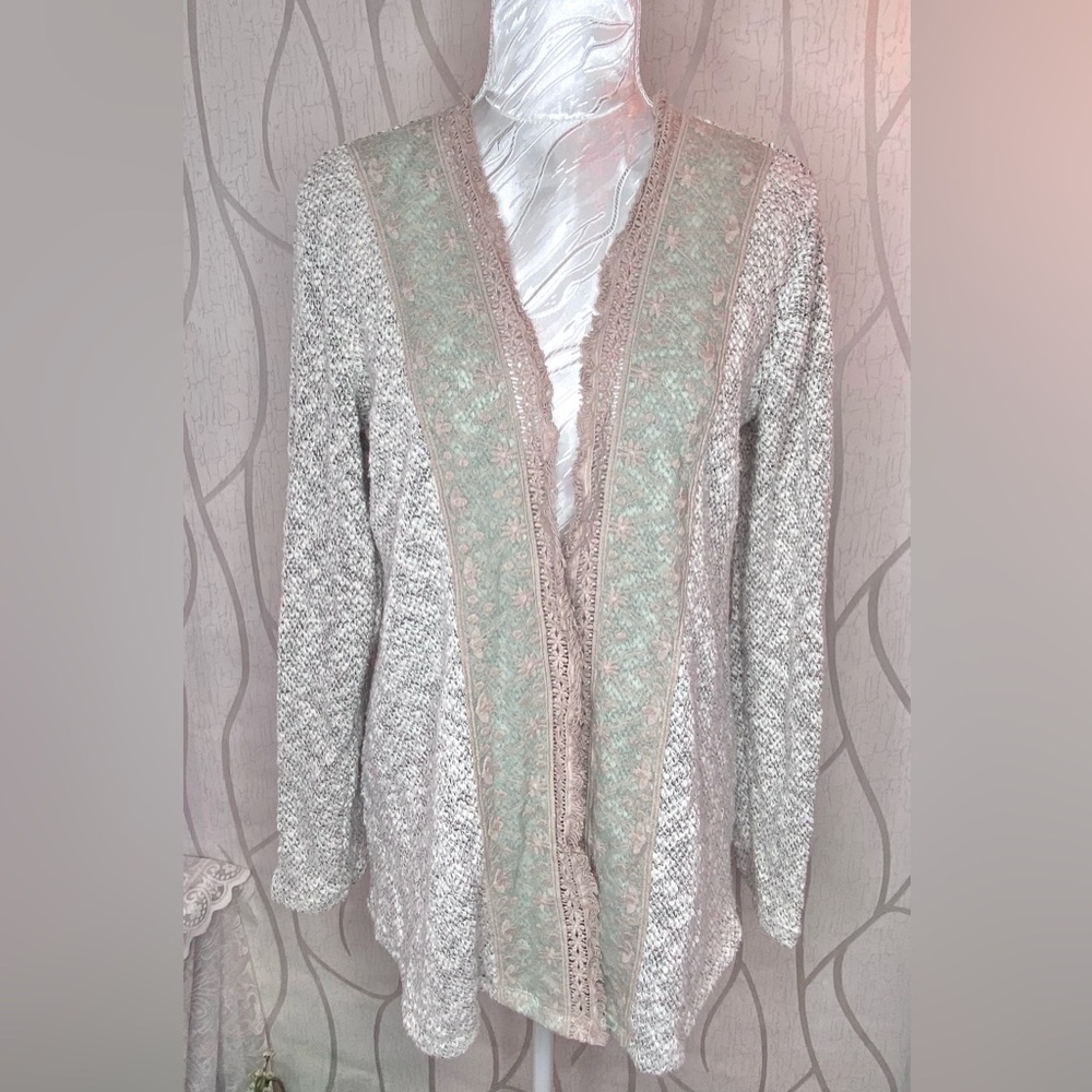 🌷 VINTAGE 🌷 Cotton Khaki Beige Knit & Green Lace Trim Open Cardigan